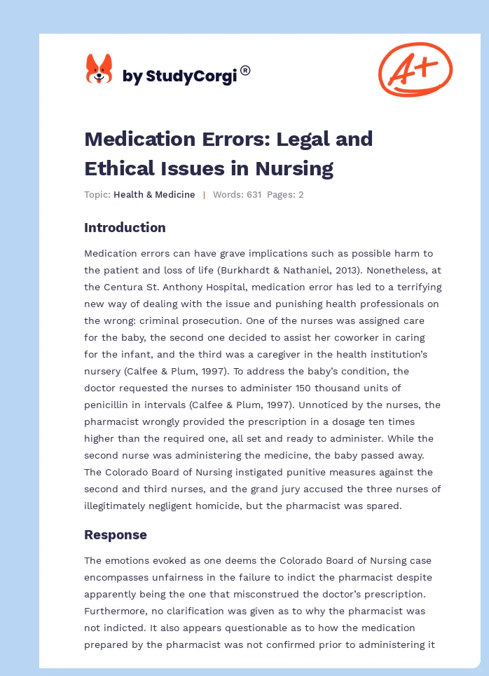 Medication Errors: Legal and Ethical Issues in Nursing. Page 1