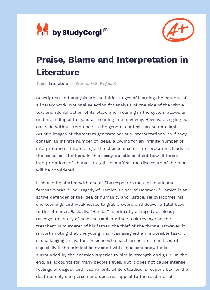 Praise, Blame and Interpretation in Literature. Page 1