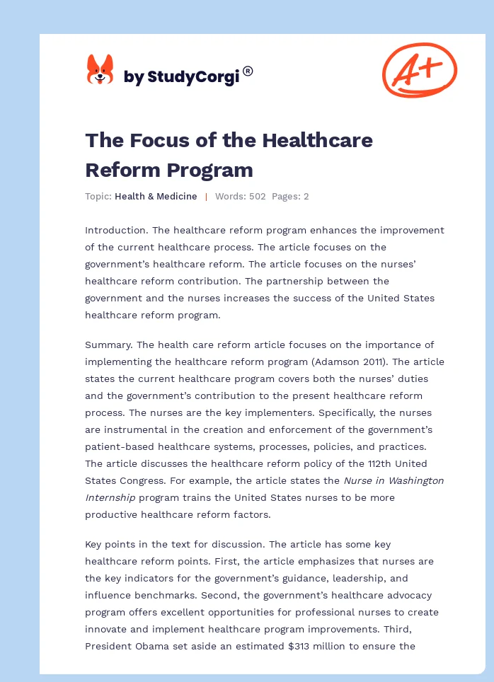 The Focus of the Healthcare Reform Program. Page 1