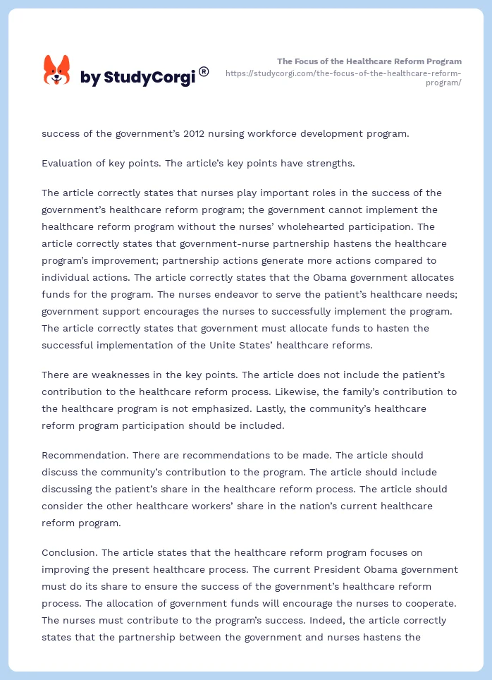 The Focus of the Healthcare Reform Program. Page 2