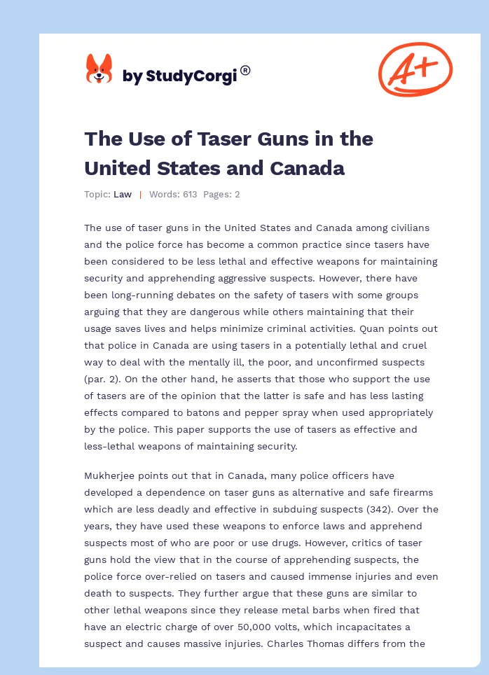 The Use of Taser Guns in the United States and Canada. Page 1