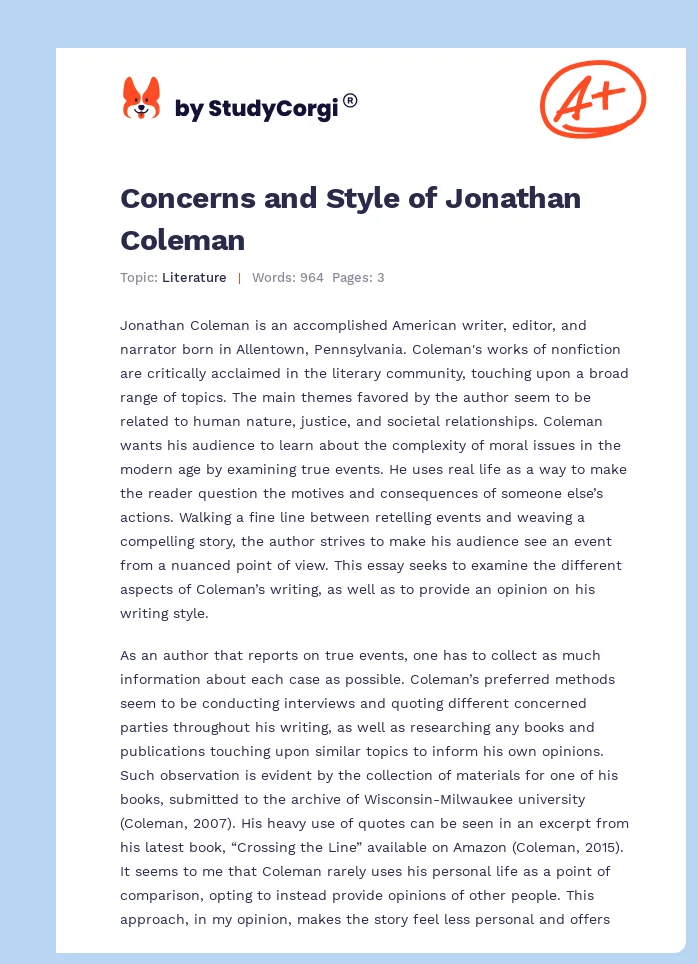 Concerns and Style of Jonathan Coleman. Page 1