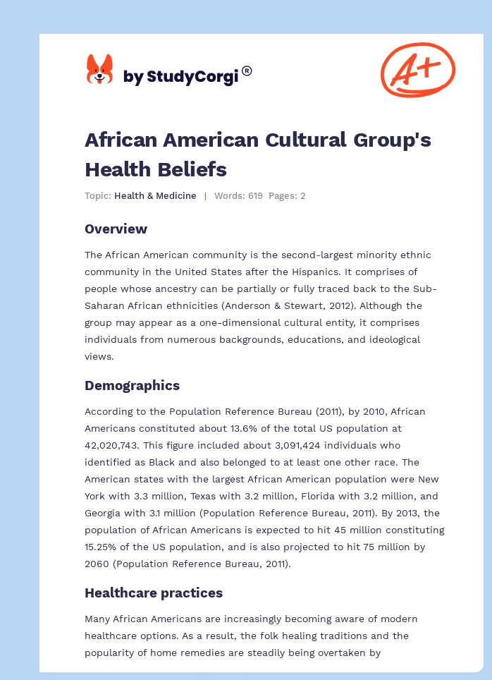 African American Cultural Group's Health Beliefs. Page 1