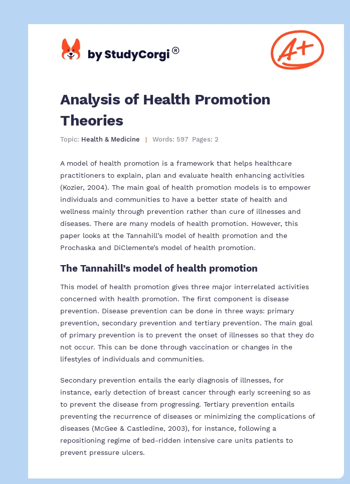 Analysis of Health Promotion Theories. Page 1