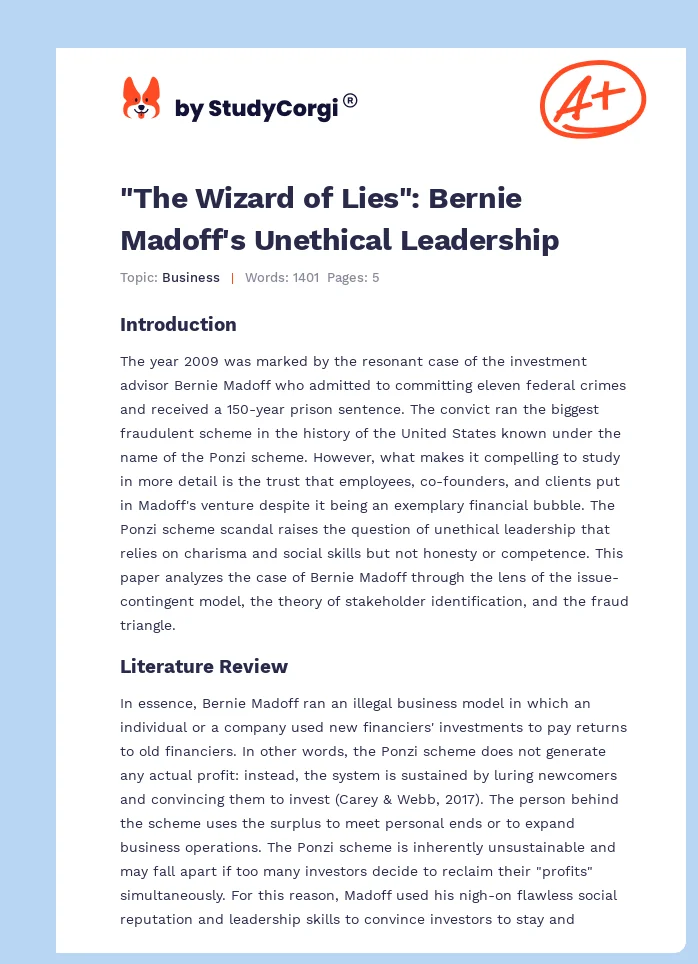 "The Wizard of Lies": Bernie Madoff's Unethical Leadership. Page 1
