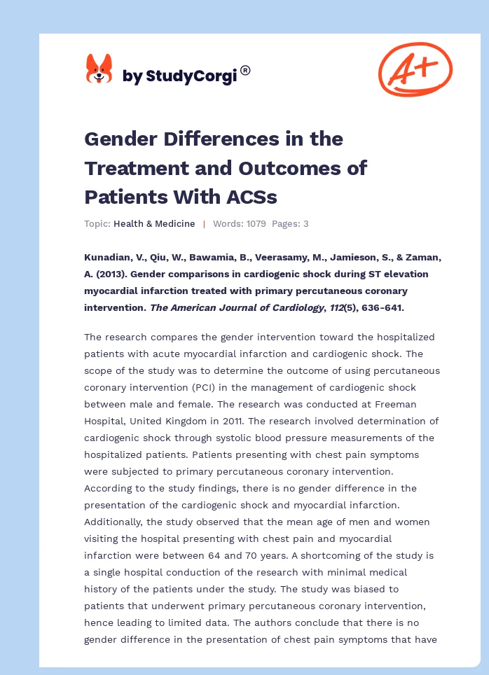 Gender Differences in the Treatment and Outcomes of Patients With ACSs. Page 1
