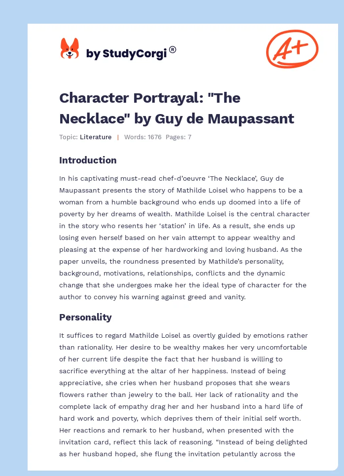 Character Portrayal: "The Necklace" by Guy de Maupassant. Page 1