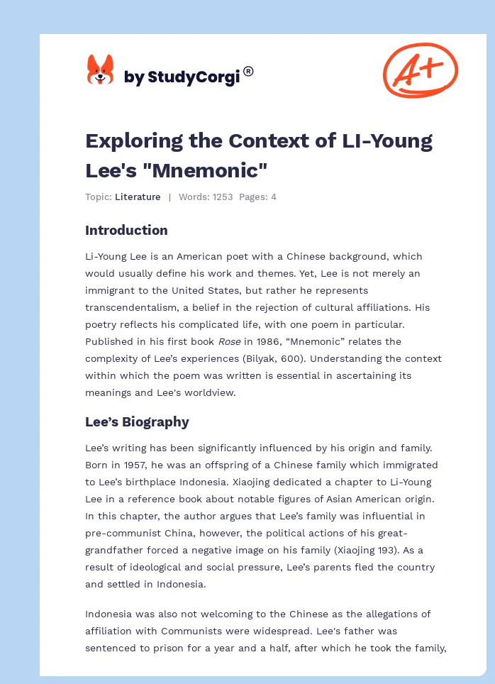 Exploring the Context of LI-Young Lee's "Mnemonic". Page 1