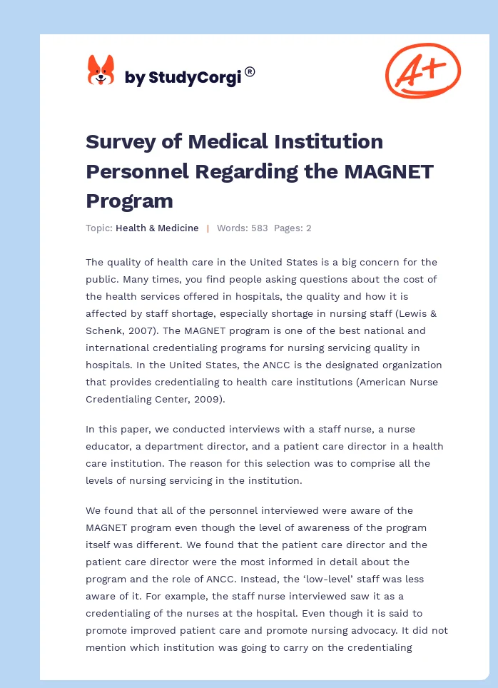 Survey of Medical Institution Personnel Regarding the MAGNET Program. Page 1