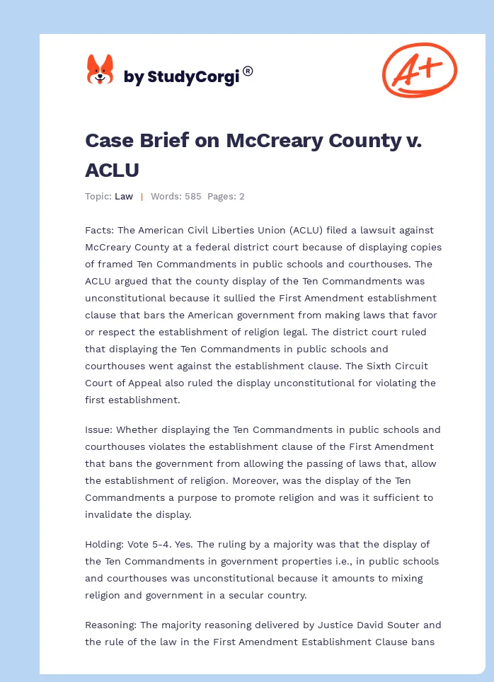 Case Brief on McCreary County v. ACLU. Page 1