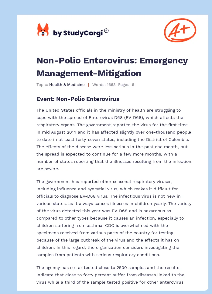 Non-Polio Enterovirus: Emergency Management-Mitigation. Page 1