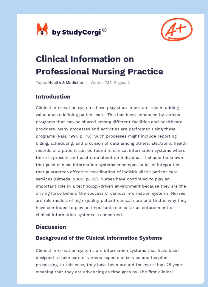 Clinical Information on Professional Nursing Practice. Page 1