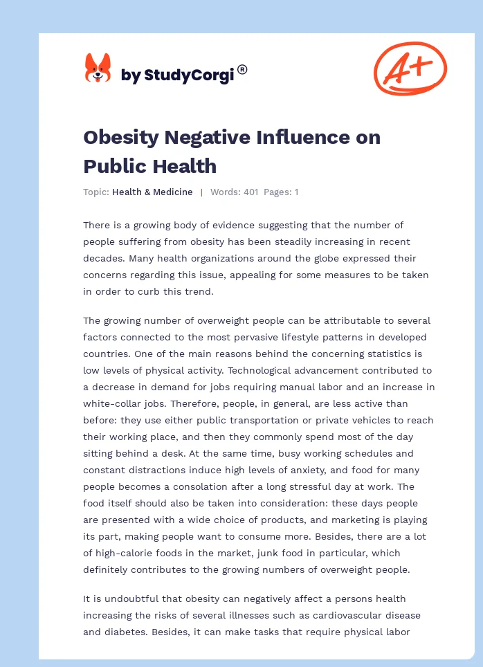 Obesity Negative Influence on Public Health. Page 1