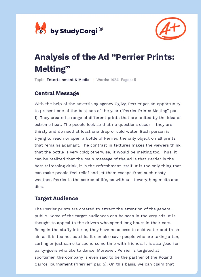 Analysis of the Ad “Perrier Prints: Melting”. Page 1