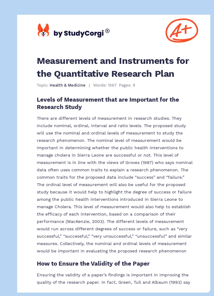 Measurement and Instruments for the Quantitative Research Plan. Page 1