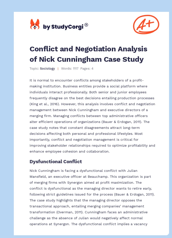 Conflict and Negotiation Analysis of Nick Cunningham Case Study. Page 1