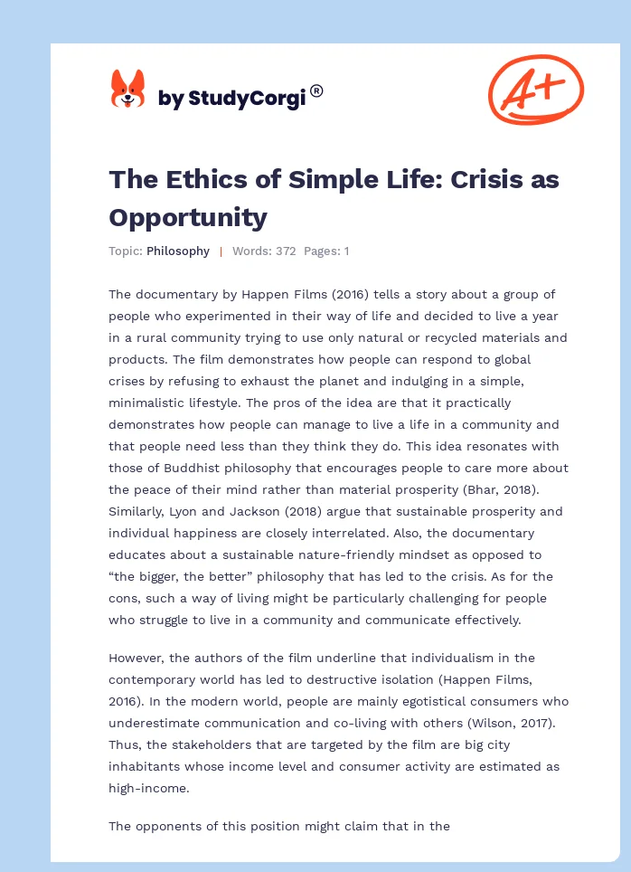 The Ethics of Simple Life: Crisis as Opportunity. Page 1
