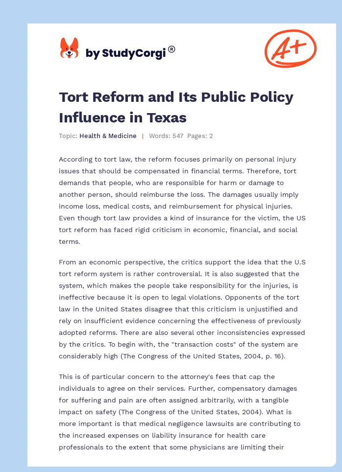 Tort Reform and Its Public Policy Influence in Texas. Page 1