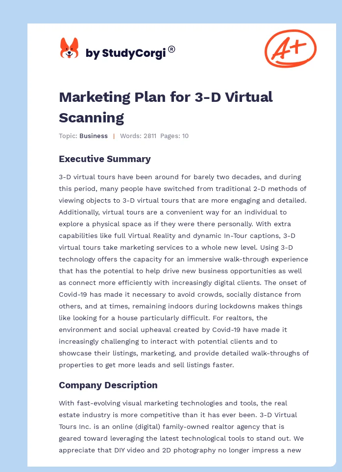 Marketing Plan for 3-D Virtual Scanning. Page 1