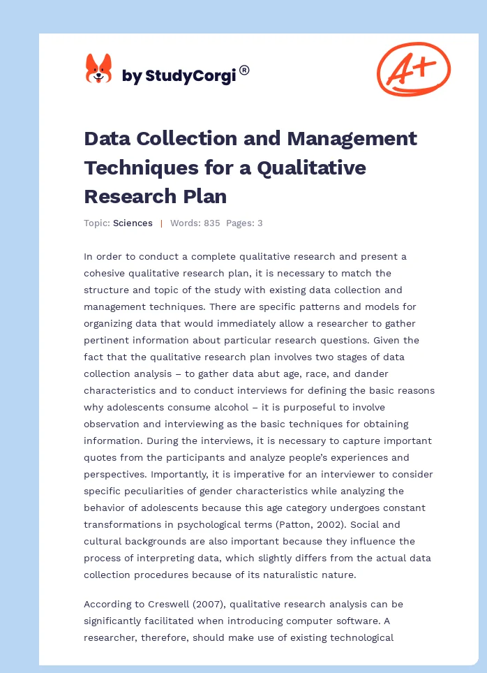 Data Collection and Management Techniques for a Qualitative Research Plan. Page 1
