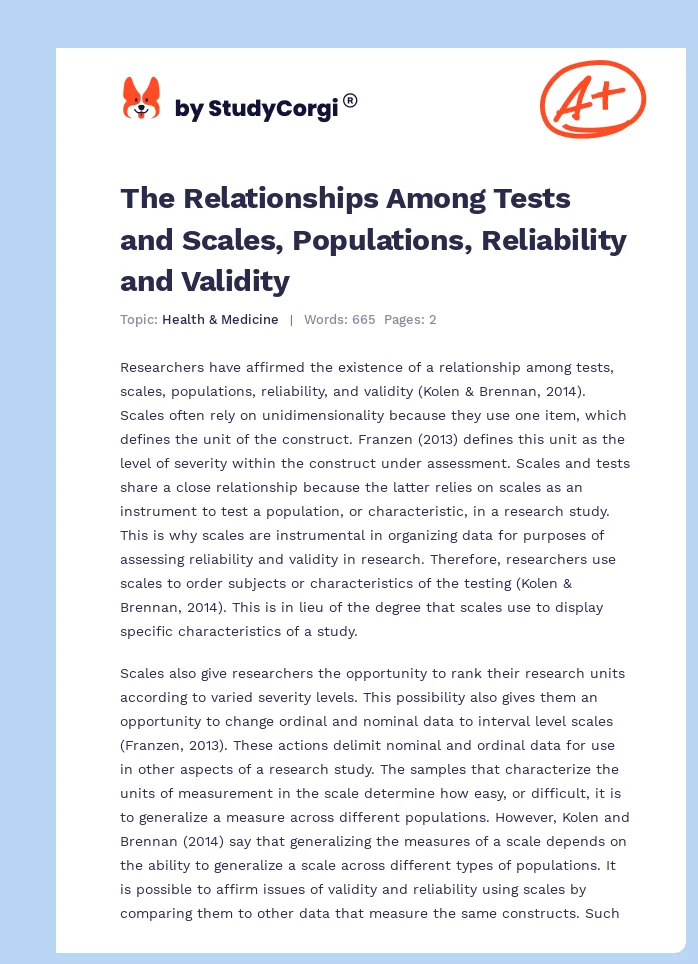 The Relationships Among Tests and Scales, Populations, Reliability and Validity. Page 1