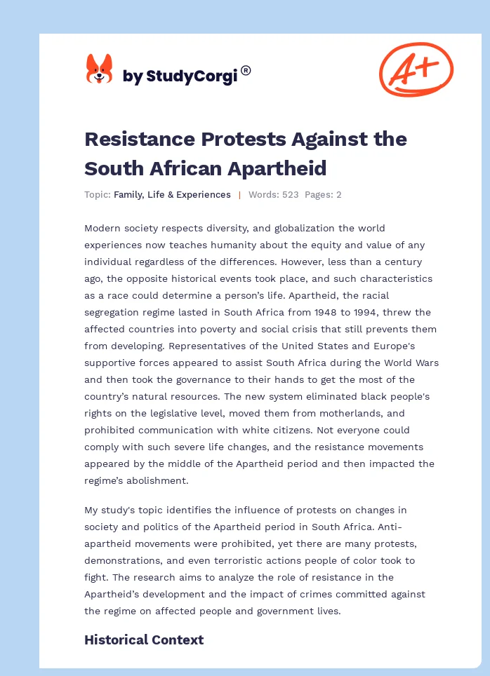 Resistance Protests Against the South African Apartheid. Page 1