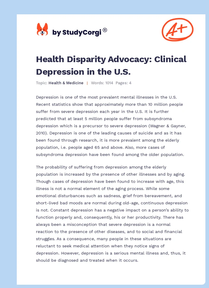 Health Disparity Advocacy: Clinical Depression in the U.S.. Page 1