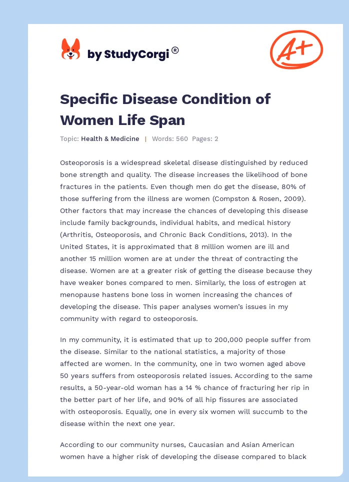 Specific Disease Condition of Women Life Span. Page 1