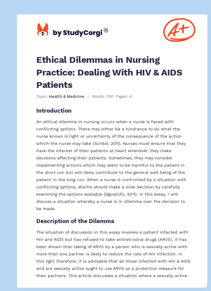 Ethical Dilemmas in Nursing Practice: Dealing With HIV & AIDS Patients. Page 1