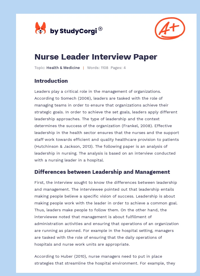 Nurse Leader Interview Paper. Page 1