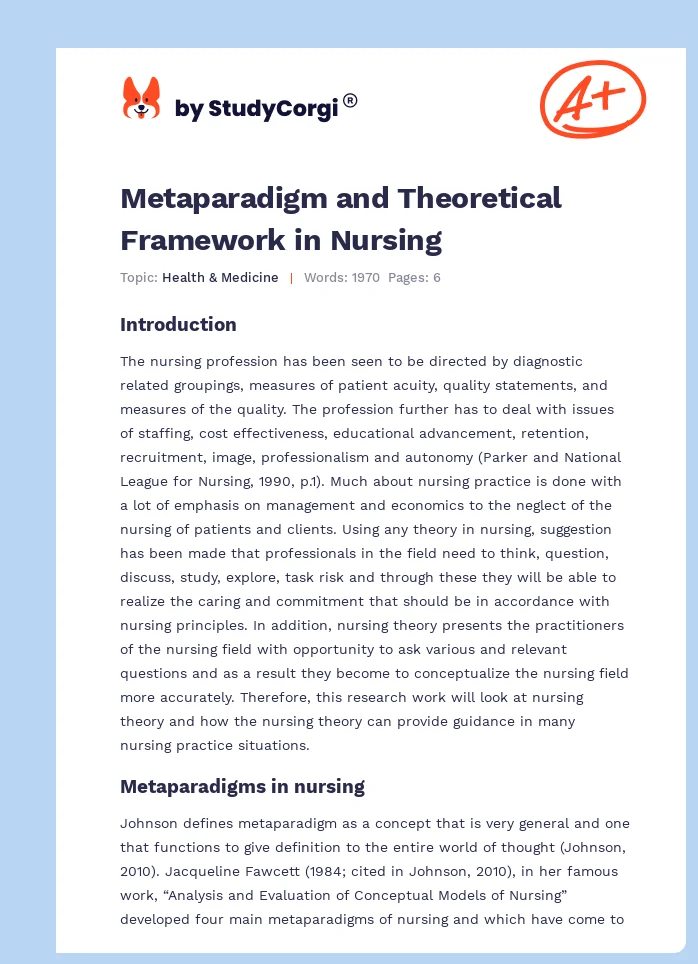 Metaparadigm and Theoretical Framework in Nursing. Page 1