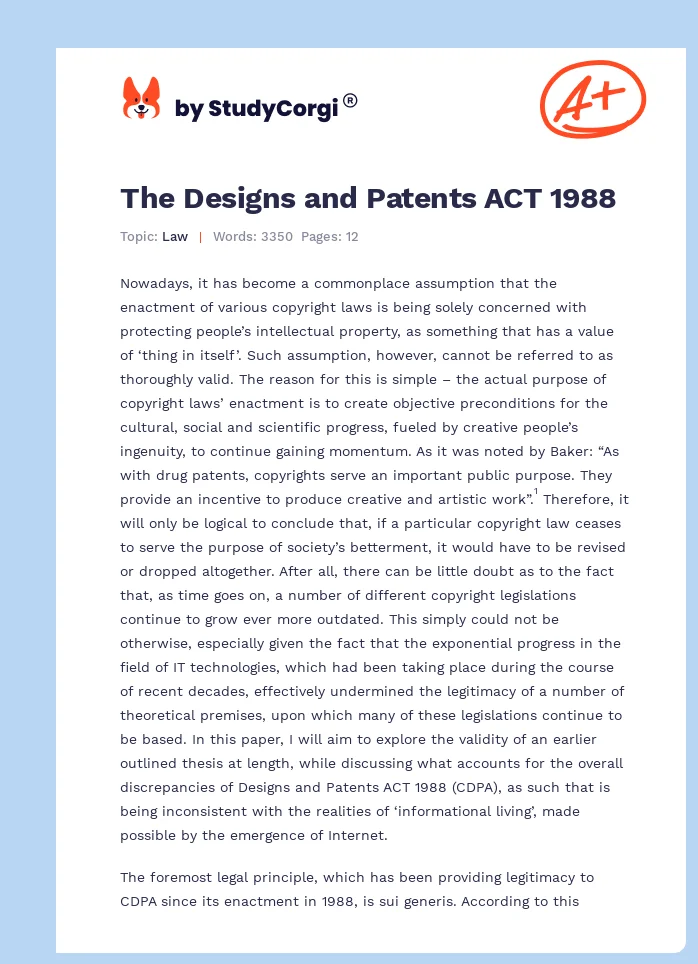 The Designs and Patents ACT 1988. Page 1