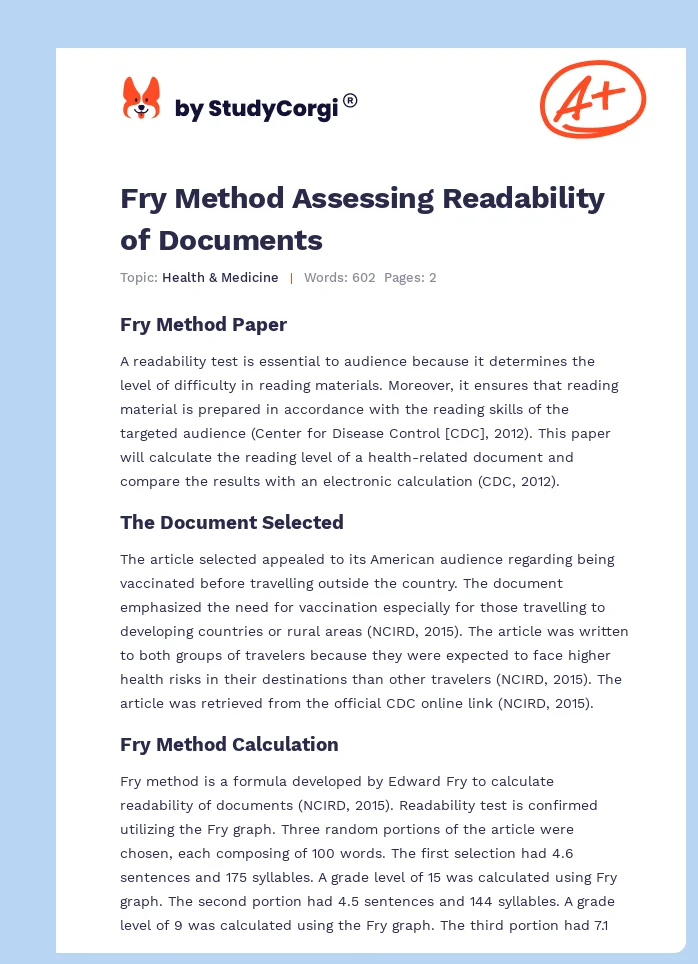Fry Method Assessing Readability of Documents. Page 1
