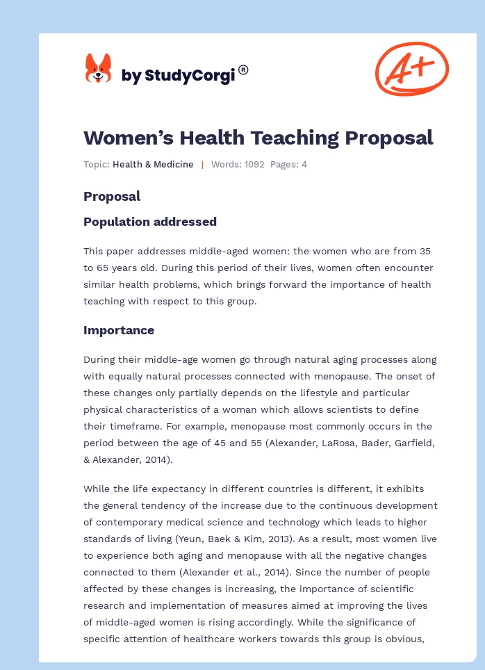 Women’s Health Teaching Proposal. Page 1
