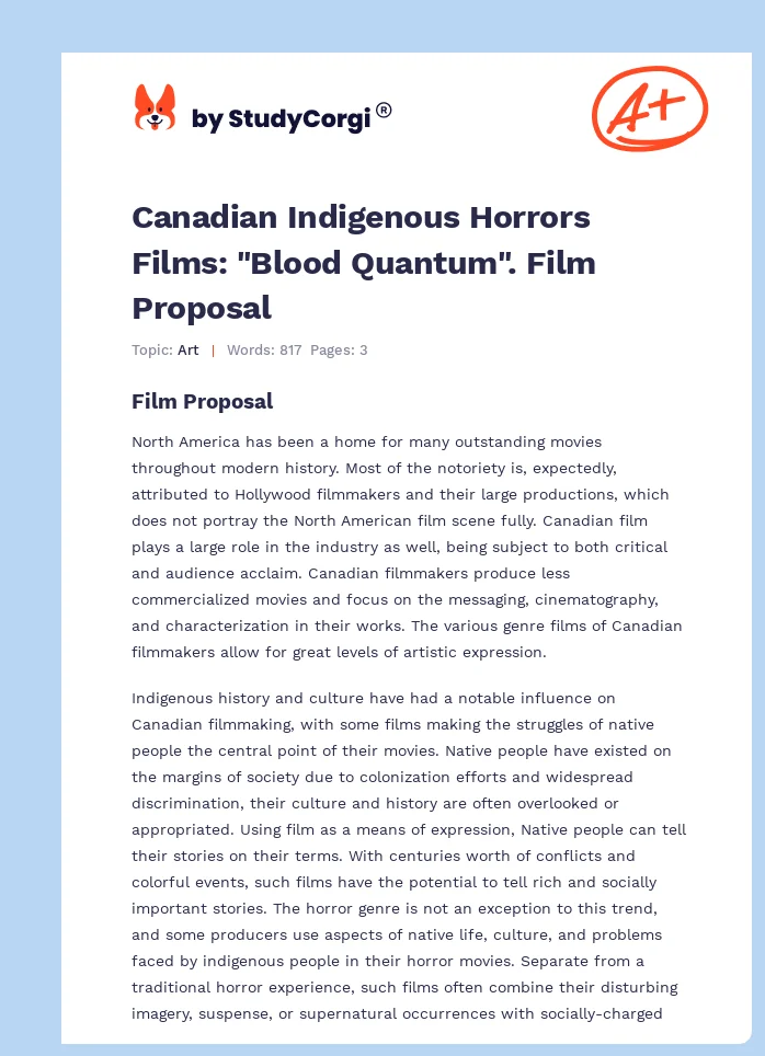 Canadian Indigenous Horrors Films: "Blood Quantum". Film Proposal. Page 1