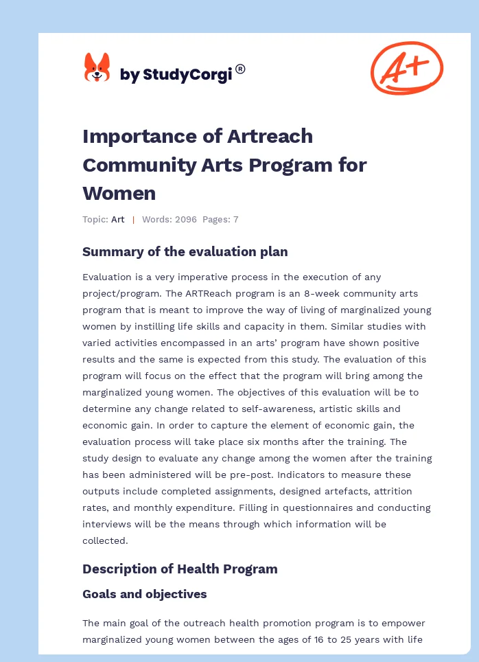 Importance of Artreach Community Arts Program for Women. Page 1
