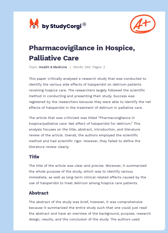 Pharmacovigilance in Hospice, Palliative Care. Page 1