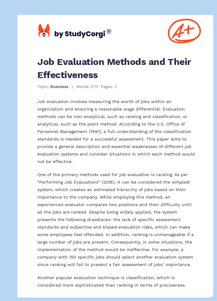Job Evaluation Methods and Their Effectiveness. Page 1