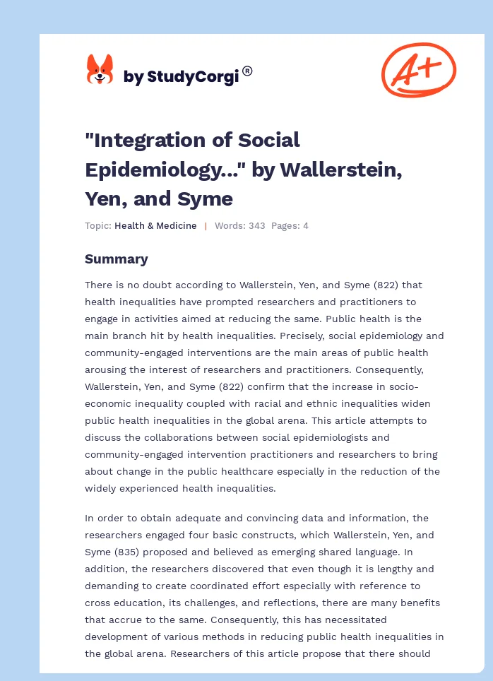 "Integration of Social Epidemiology..." by Wallerstein, Yen, and Syme. Page 1