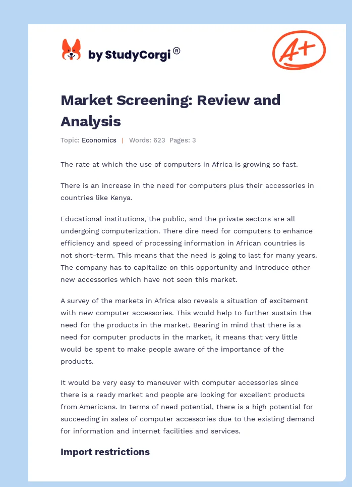 Market Screening: Review and Analysis. Page 1