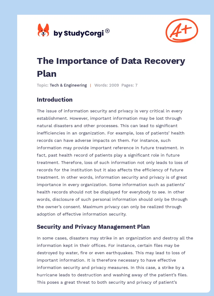 The Importance of Data Recovery Plan. Page 1