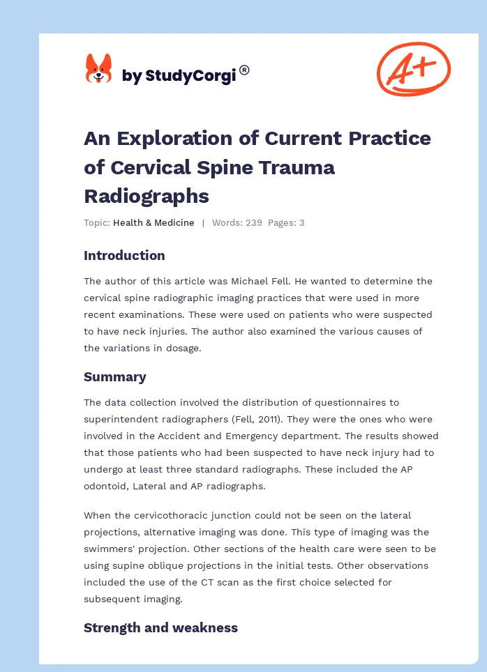 An Exploration of Current Practice of Cervical Spine Trauma Radiographs. Page 1