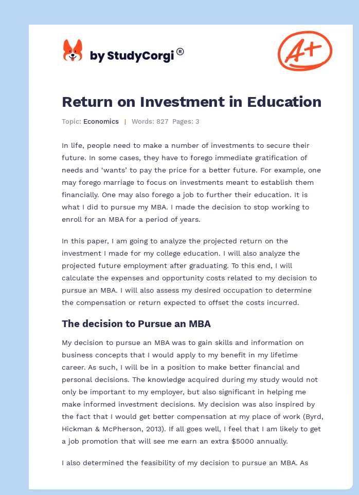 Return on Investment in Education. Page 1