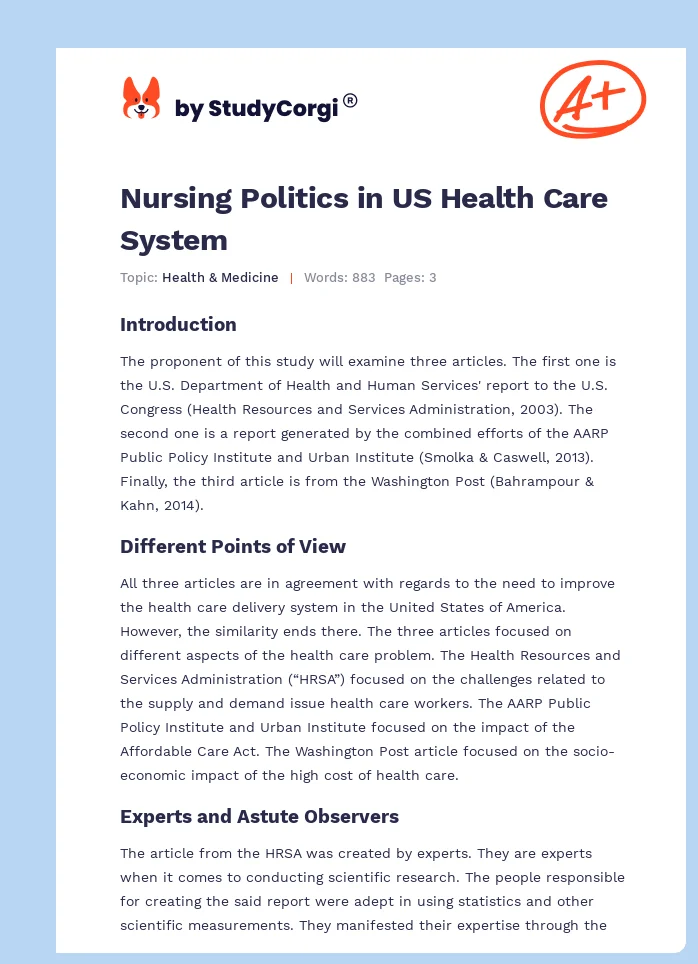 Nursing Politics in US Health Care System. Page 1