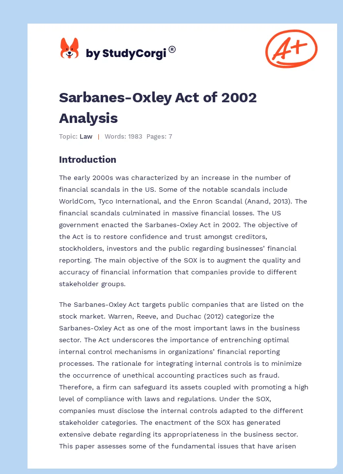 Sarbanes-Oxley Act of 2002 Analysis. Page 1