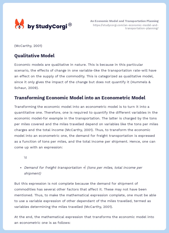 An Economic Model and Transportation Planning. Page 2
