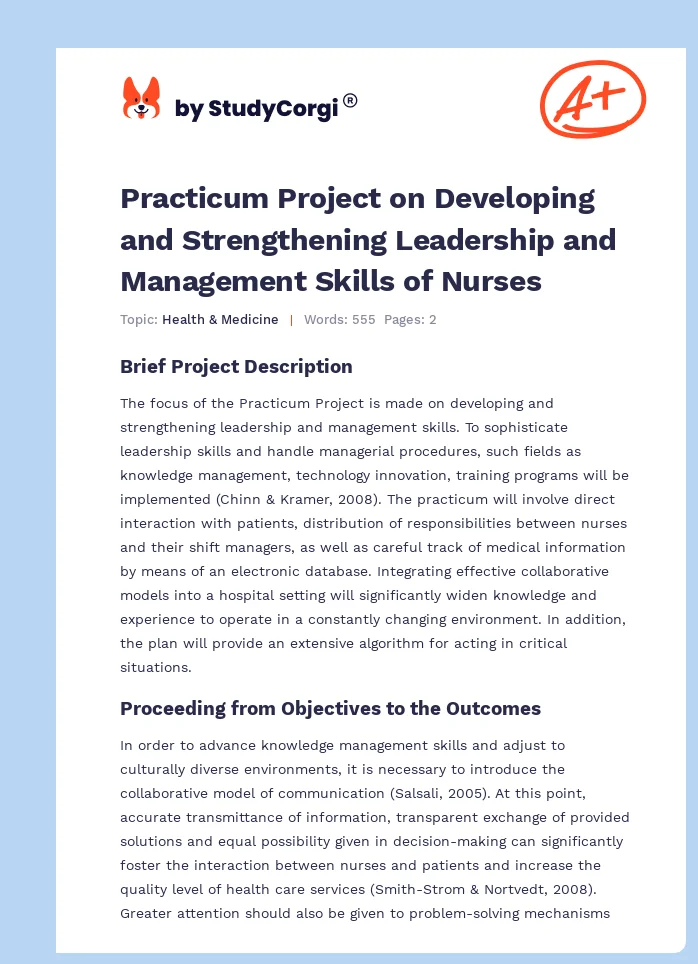 Practicum Project on Developing and Strengthening Leadership and Management Skills of Nurses. Page 1