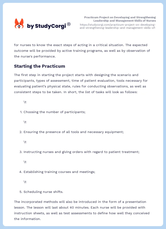 Practicum Project on Developing and Strengthening Leadership and Management Skills of Nurses. Page 2