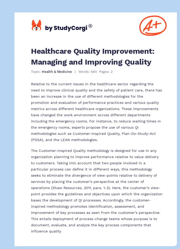 Healthcare Quality Improvement: Managing and Improving Quality. Page 1