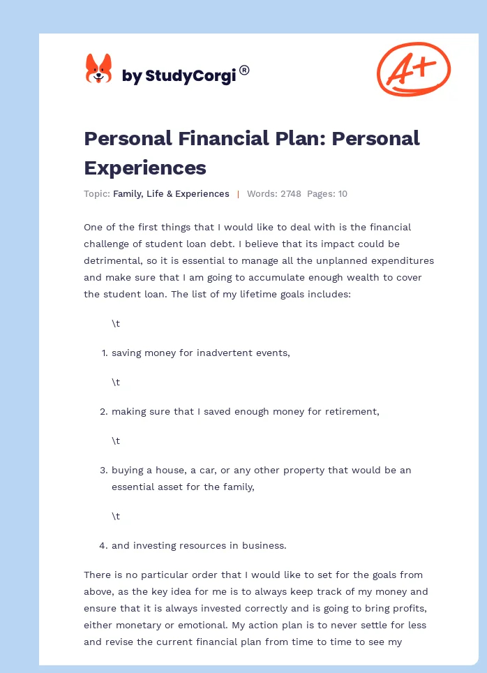 Personal Financial Plan: Personal Experiences. Page 1